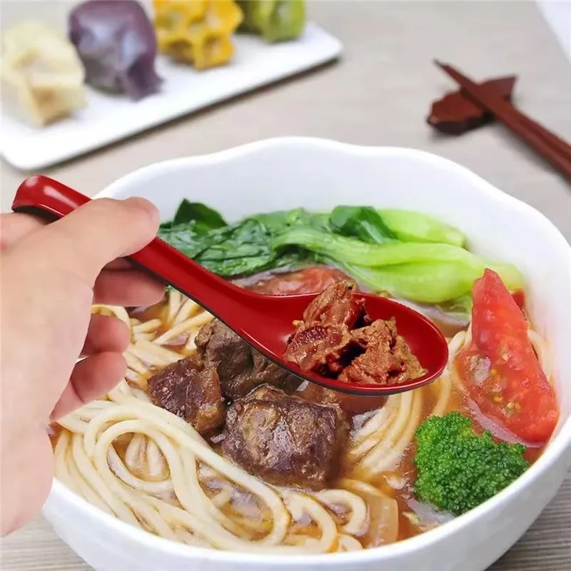 

6pcs Hotel Black Soup Spoon Hook Kitchen Long Handle Spoon Imitation Porcelain Plastic Lamian Noodles Household Accessories