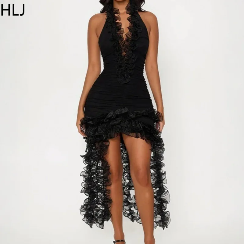 

HLJ Summer New Sexy Tassels Patchwork Bodycon Long Dresses Women Halter Backless Ruffles Dress Female Streetwear Vestidos 2025