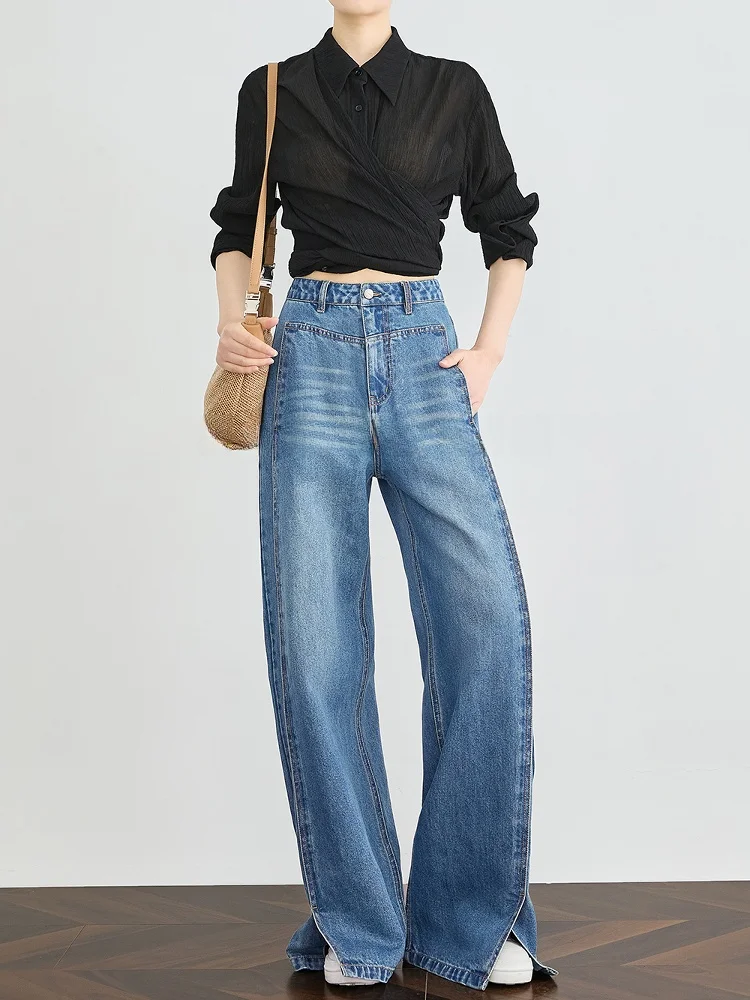 

FALIN High Waist Wide Leg Thin Denim Jeans Women's Arc Design Sensation Jeans Summer Commute Sle Blue Cotton Blend