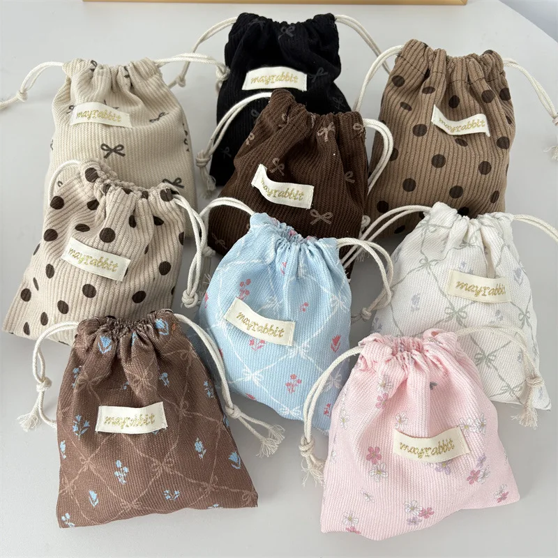 Corduroy Drawstring Bag Mini Cute Drawstring Makeup Bag Printed Small Handbag Portable Large Travel Organizers Dustproof Bag