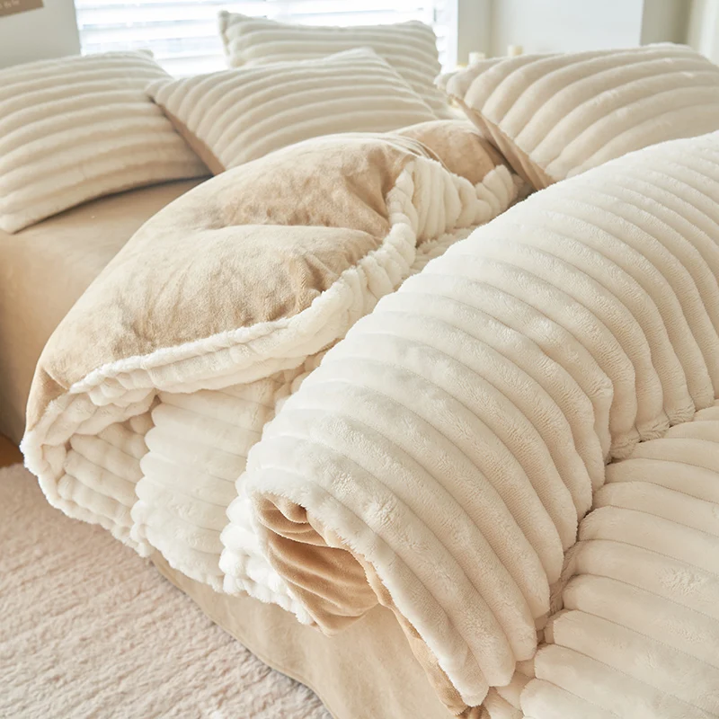 Soft Fluffy Wide Ribbed Faux Rabbit Fur Duvet Cover Autumn Winter Warm Thick Plush Quilt Cover for Single Double Bed Bedding Set