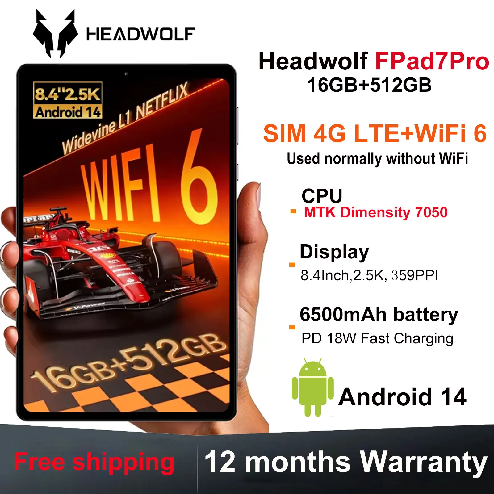 Headwolf fpad7pro sim 4g lte gaming tablet 8.4 "2.5k fhd tela 16gb 512gb mtk 7050 cpu, câmera 8mp/16mp, wifi 6 tablet
