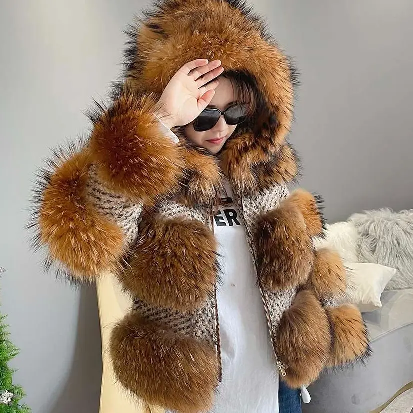 MISSJANEFUR – manteau à capuche en fourrure de raton laveur pour femme, veste épaisse et chaude en laine véritable, 2022, vêtement d'extérieur d'hiver en peluche, vente en gros