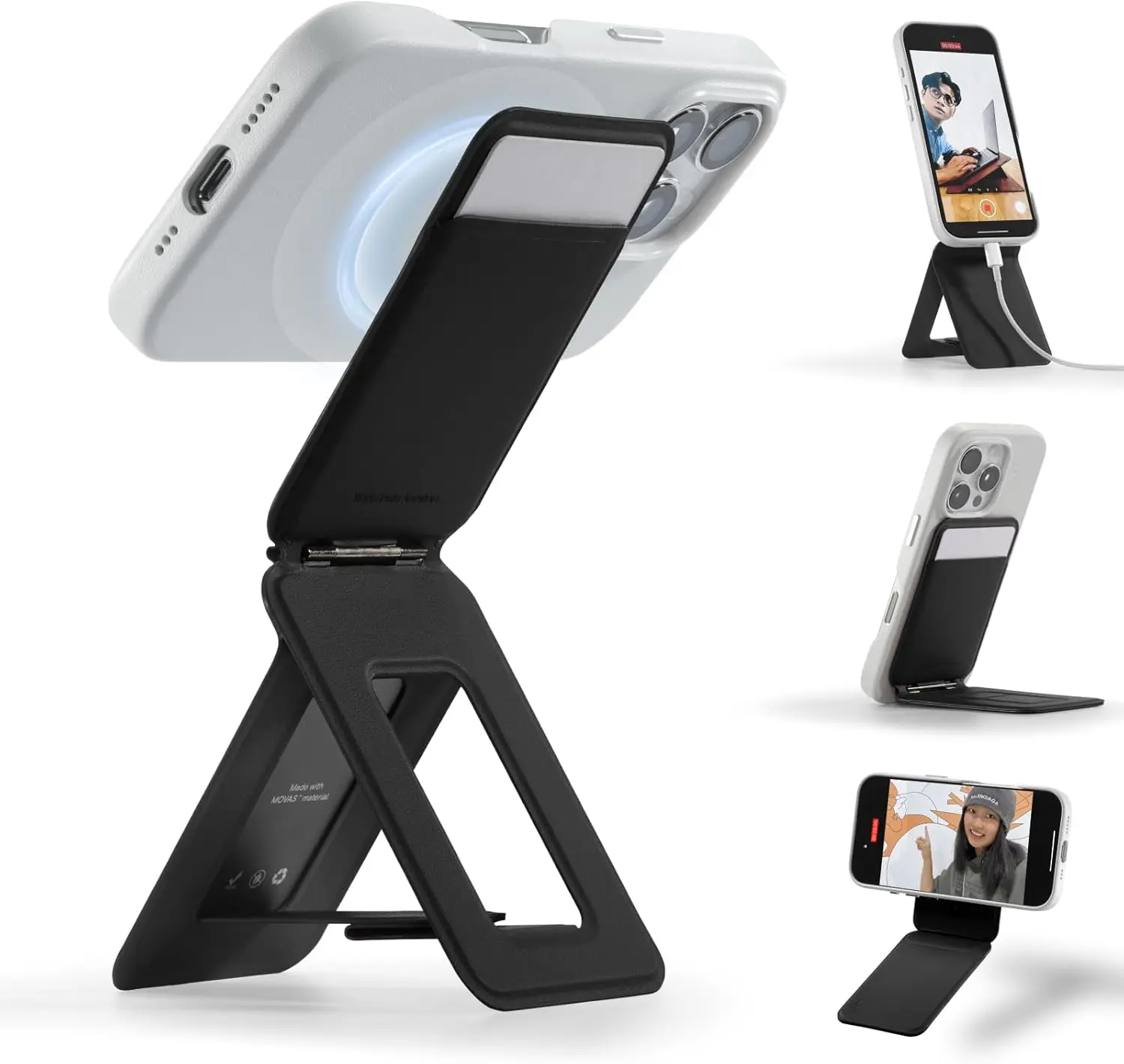 

Multi-Angle Magnetic Phone Tripod Wallet, Lightweight Portable Stand with NFC Card Holder, Travel Essential in Jet Black