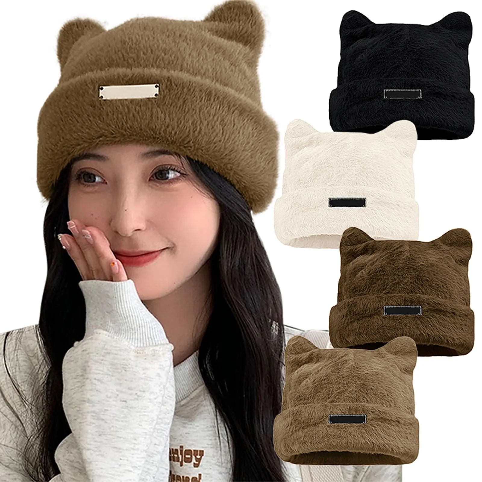 Cat Wool Cap Crochet Hats For Women Cute Bear Ears Wool Caps Women Winter Slouchy Wool Caps Accessories