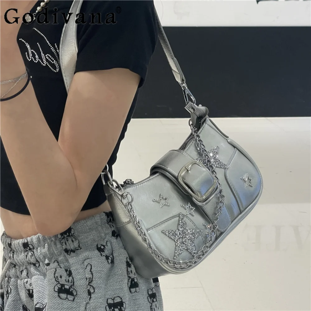 Sweet Cute Silver Five Pointed Star Half Moon Bags Y2K Girl Classic Summer Underarm Women's Shoulder Bags Handbag