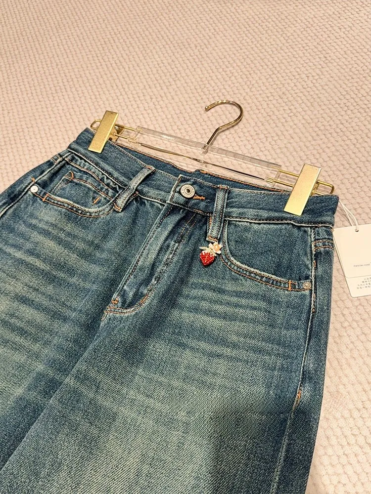 

Stberry Embellied Straight Leg Jeans Women's Casual Cotton l Waist Button Closure Winter Season Ladies Jeans