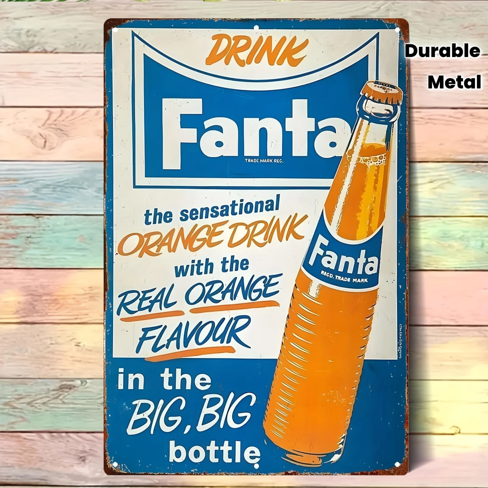 Letrero Metálico de Pared 2D Plano, 1 Pieza, Diseño Vintage de la Marca Fanta, 8x12 Pulgadas (20x30cm), Placa de Hierro con Logotipo Retro Azul/Blanco/Naranja