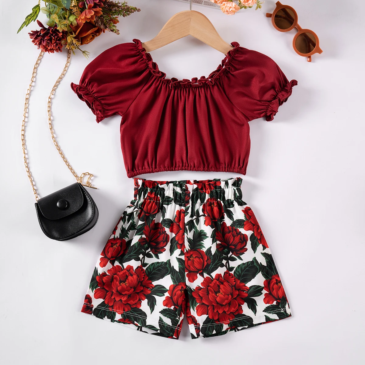 2024 Fashion Summer Girls' Clothing Set Short Sleeves+Shorts Peony Flower Print Cute Casual Style