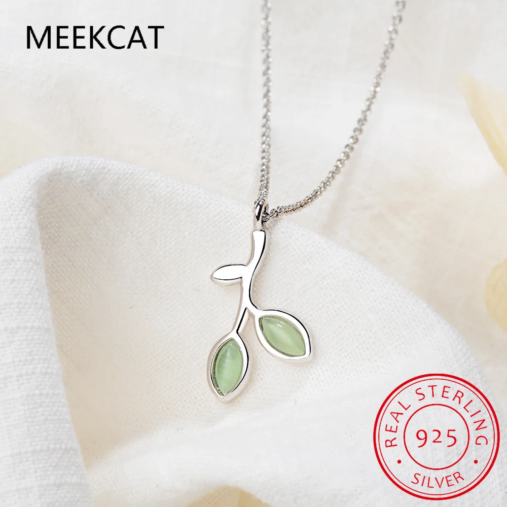 Olive Branch Leaves Green Enamel 925 Sterling Silver Pendant Necklace for Women Gemstone Choker Statement 45cm Chain