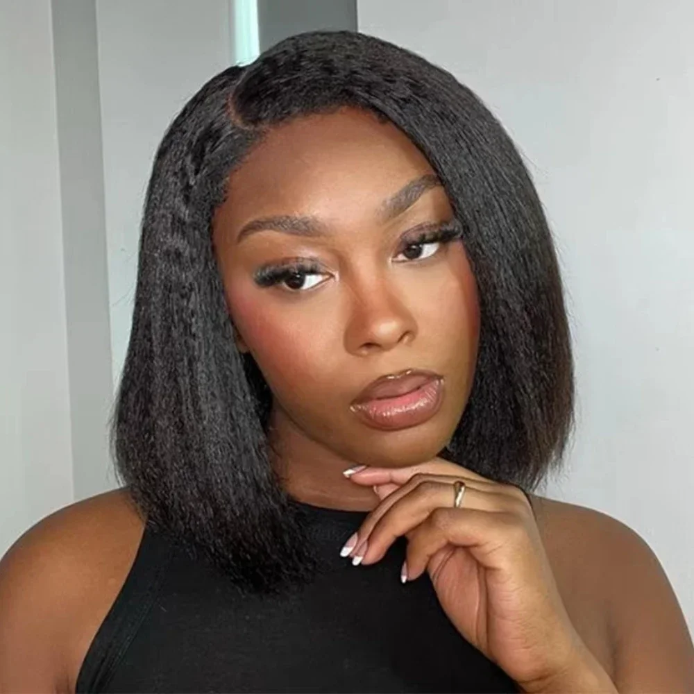 

Sleek Brazilian Human Hair Yaki Straight Bob Wig Short Kinky Ready To Wear Natural Black Wigs for Women Human Hair