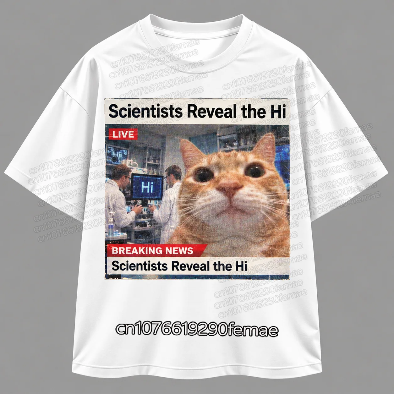 Funny Scientists Reveal the Hi Cat Meme T-Shirt for Men Women, Orange Cat Breaking News Graphic Print Tee, Streetwear Top