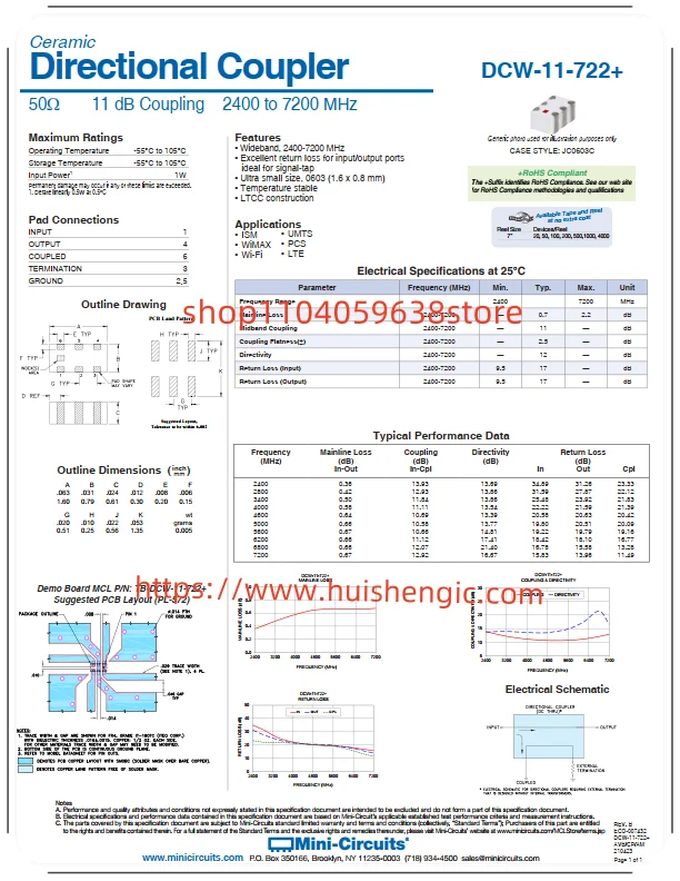 DCW-11-722+    RF Directional Coupler Mobile, PCS 2.4GHz ~ 7.2GHz 13dB 1W 060 (1608 Metric), 4 PCB