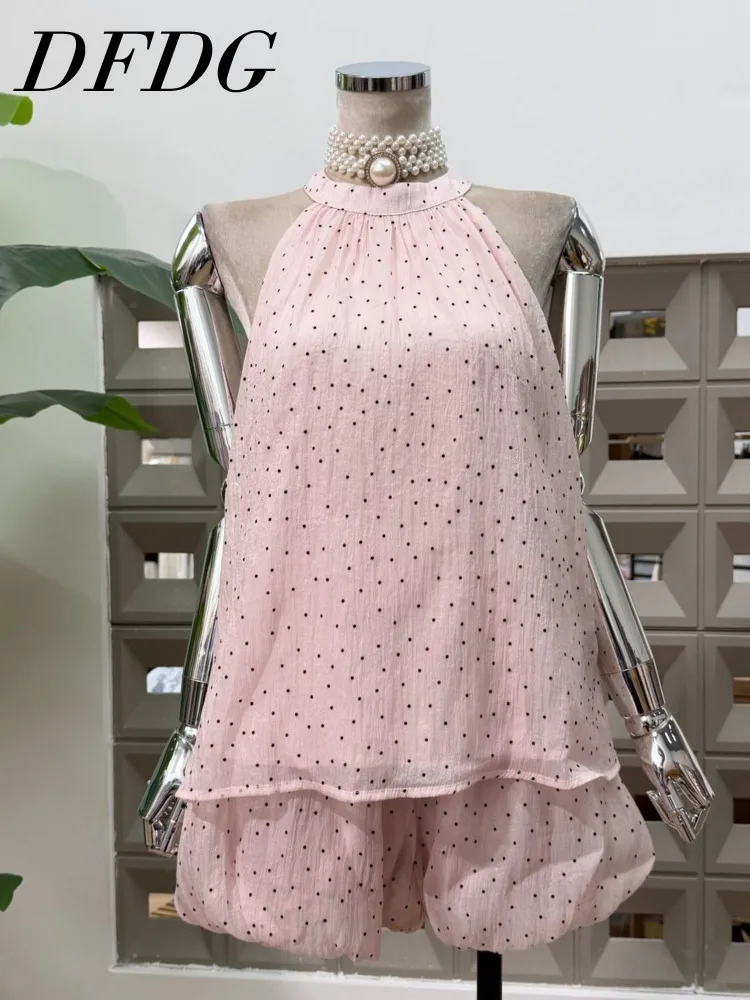 

DFDG Women 2026 Summer Two Piece Outfit Halter Neck Polka Dot Print Sleeveless Top Balloon Shorts Set Casual Cute Vacation Set