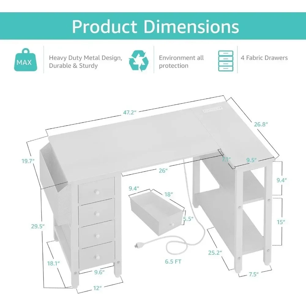 Mesa do computador 47 polegadas, com tomada, para casa, escritório, quarto