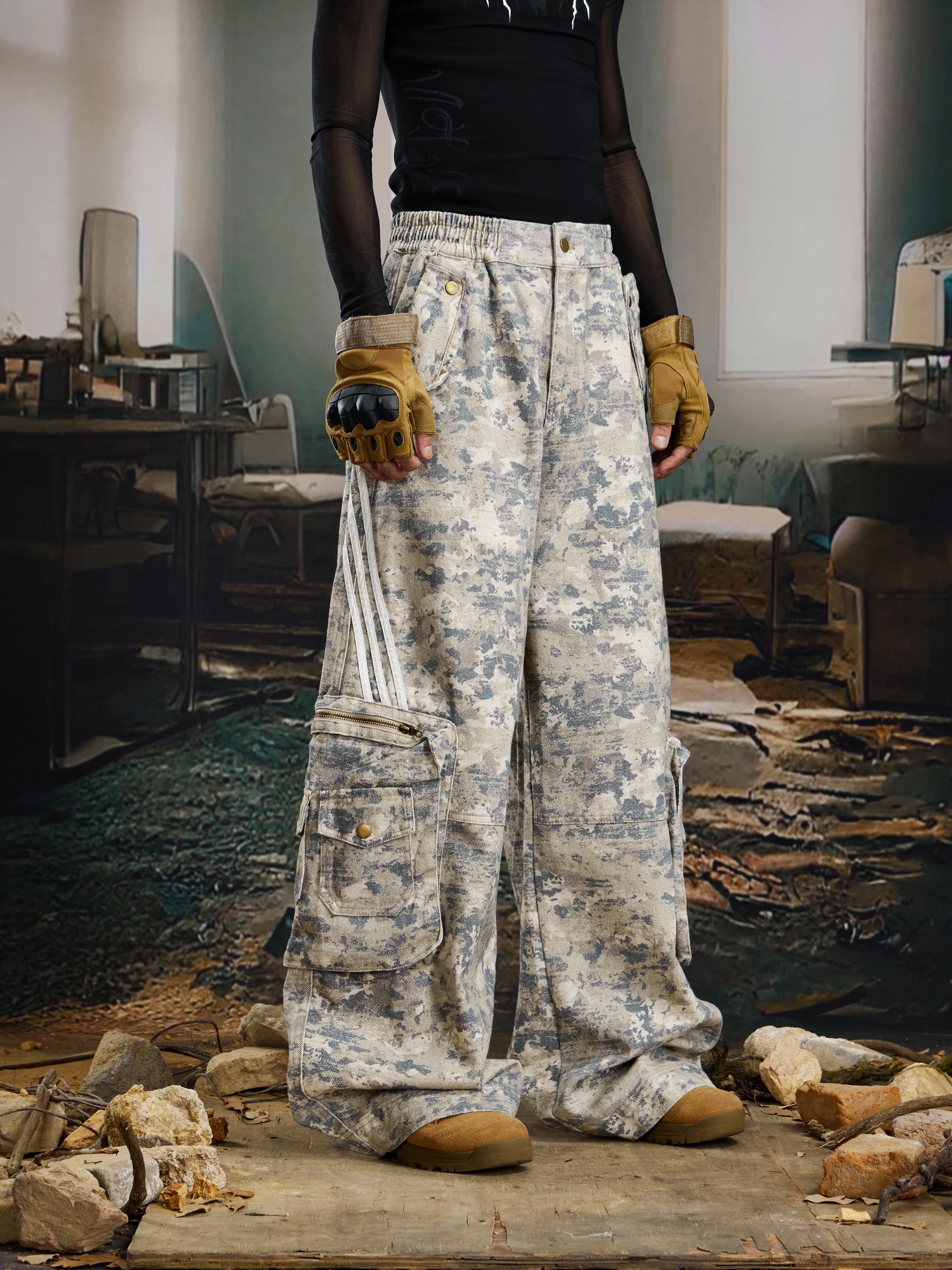 

Design Loose Straight Multi-Pocket Light Camouflage Color Overalls Trousers American Street Casual All-Matching Pants