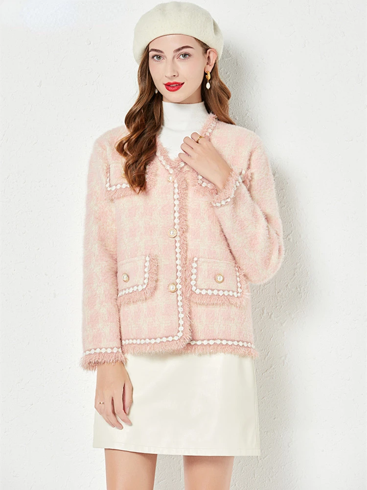 New Elegant Tassel Jacket Coat Women Imitation Mink Plaid V-neck Long Sleeve Casual Loose Pocket Knitted Cardigan Sweater Pink