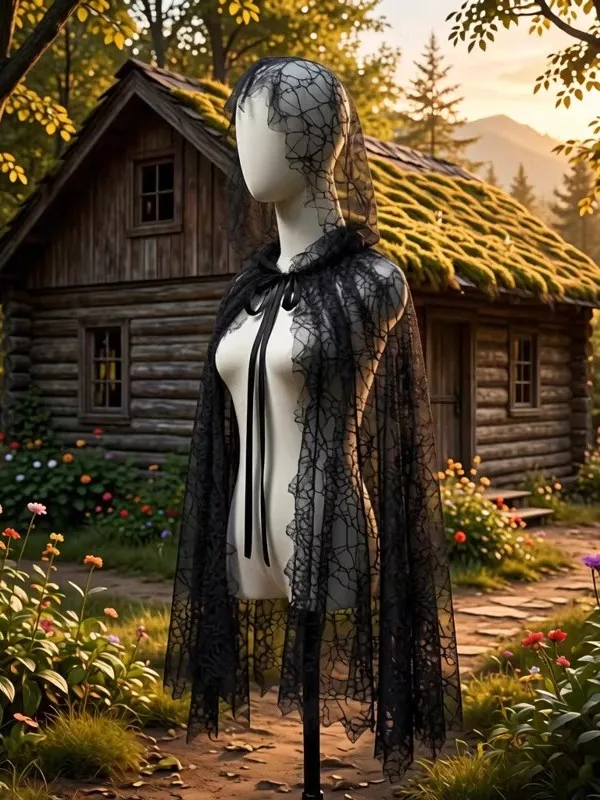 

Gothic Style Black Lace Spider Web Hooded Cloak Halloween Witch Shawl See-through Netting Lace Top for Women Autumn Fashion