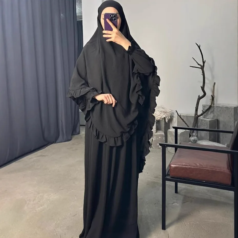2025 Neue Eid Muslimische Frauen Rüschen Khimar 2-teiliges Set Abaya Kleid Gebetskleidungsstück Hijab Islamischer Ramadan Kaftan Burka Kleidung