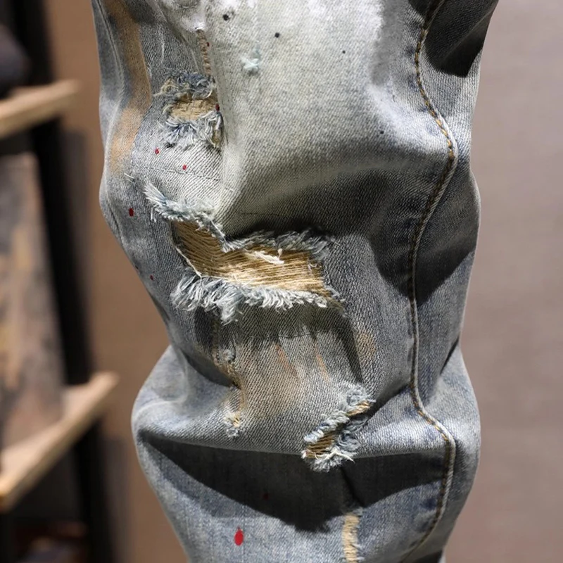 Fashion NewY2K Men's Jeans Painted Scratch Washed Nostalgic Stretch Slim Fit Retro Light Blue Jeans Designer Pants Hombre