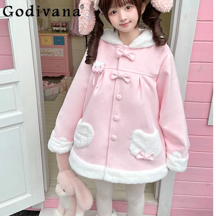 

Original Lolita Sweet Kawaii Pink Parkas Autumn Winter New Daughter's Y2K Hooded Coat Winter Thickened Warm Outerwear for Women