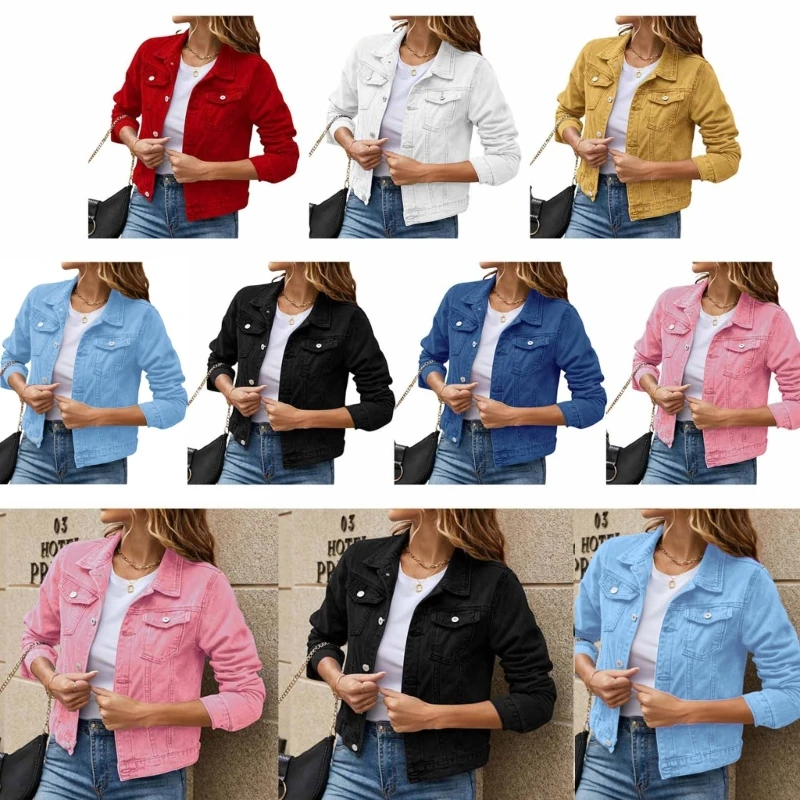 Womens Jean Trucker Coat Cropped Denims Jackets Stretchy Long Sleeve Shacket with Pockets Fall Spring Dropshipping