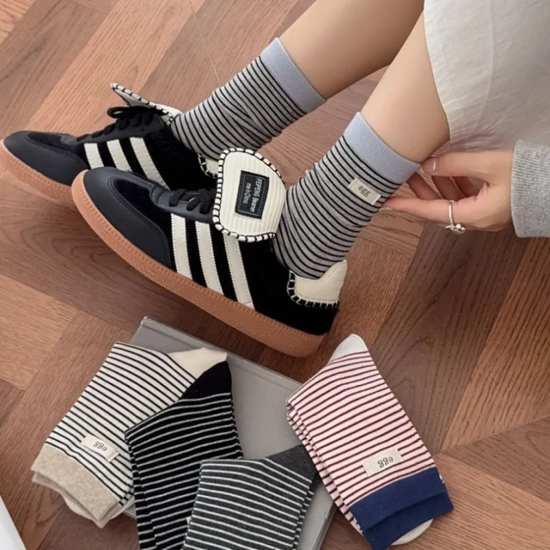 5 Pairs 2026 Autumn and Winter Women's Mid-calf Socks Striped Japanese Style Casual Simple Cotton Socks School Socks for Girls