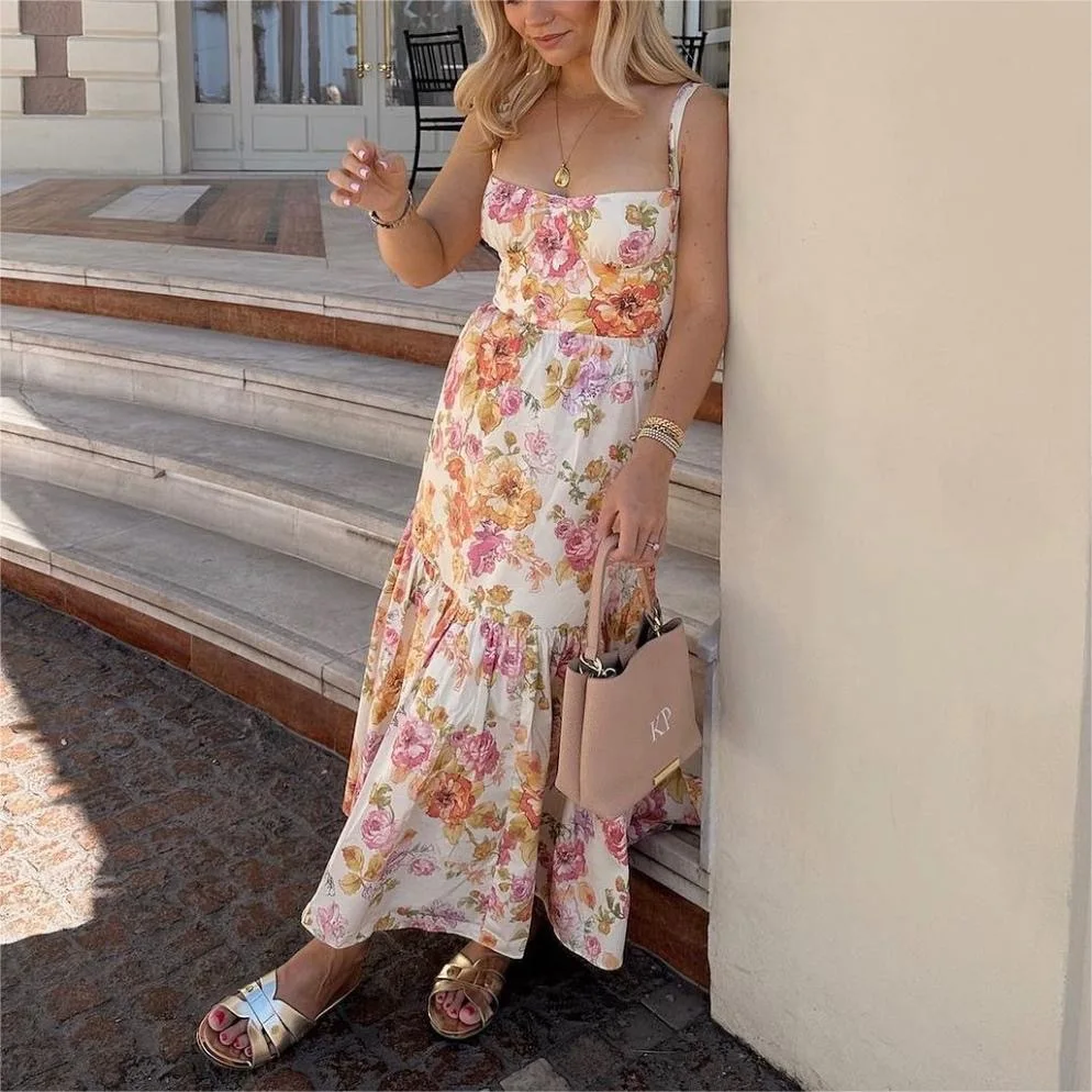 

SKMY New French Style Elegant Fashion Floral Printed Spaghetti Strap Sleeveless Dress Party Clubwear 2025 Summer Women Clothing