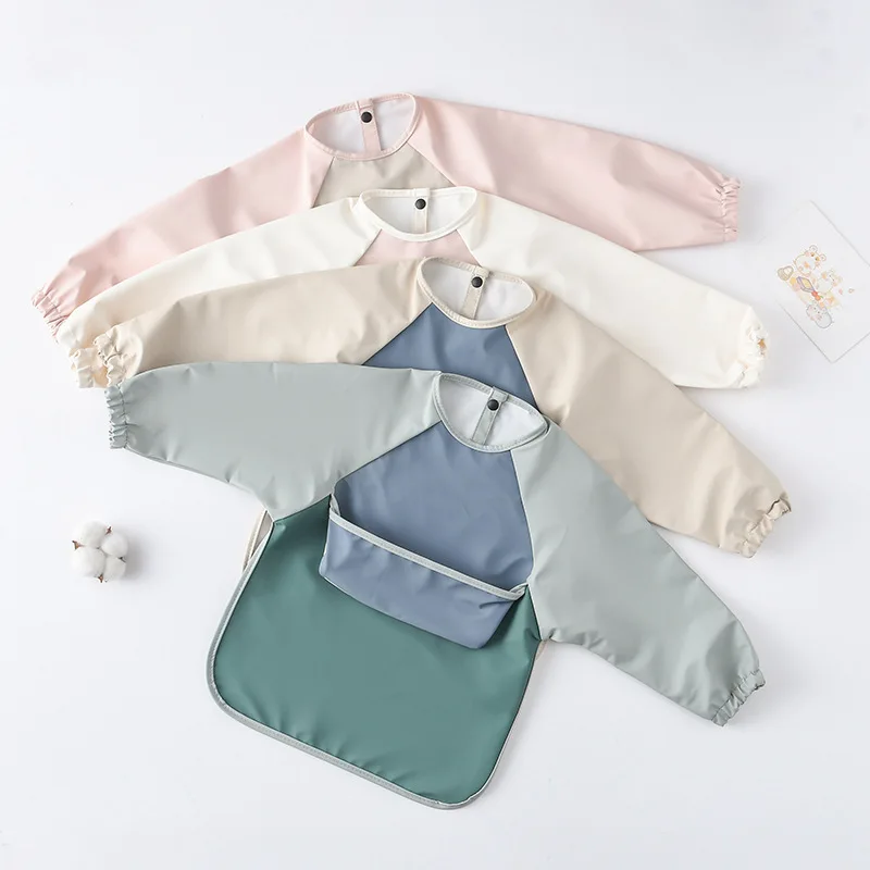 Kids Baby Long Sleeved PU Bibs Children Toddler Art Crafts Waterproof Mealtime Protection Washable Easy Clean Smock Boys Girls