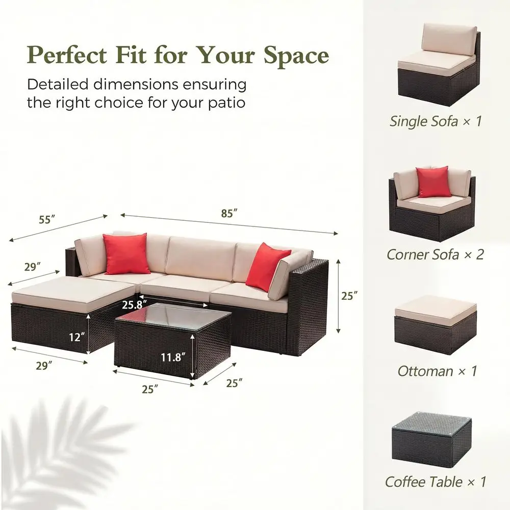 

5 Pieces Patio Furniture Sets All Weather Outdoor Sectional Patio Sofa Manual Weaving Wicker Rattan Patio Seating Sofas with Cu