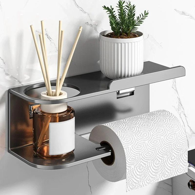 Soporte de papel higiénico autoadhesivo con estante para teléfono Portarrollos de papel higiénico montado en la pared de acero inoxidable - A prueba de herrumbre