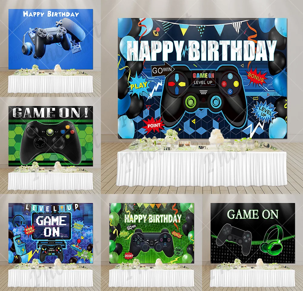 PHOTURT Play Station Controller Backdrop Kids Birthday Photo Background Blue Xbox Game on Vinyl Photography Booth Props