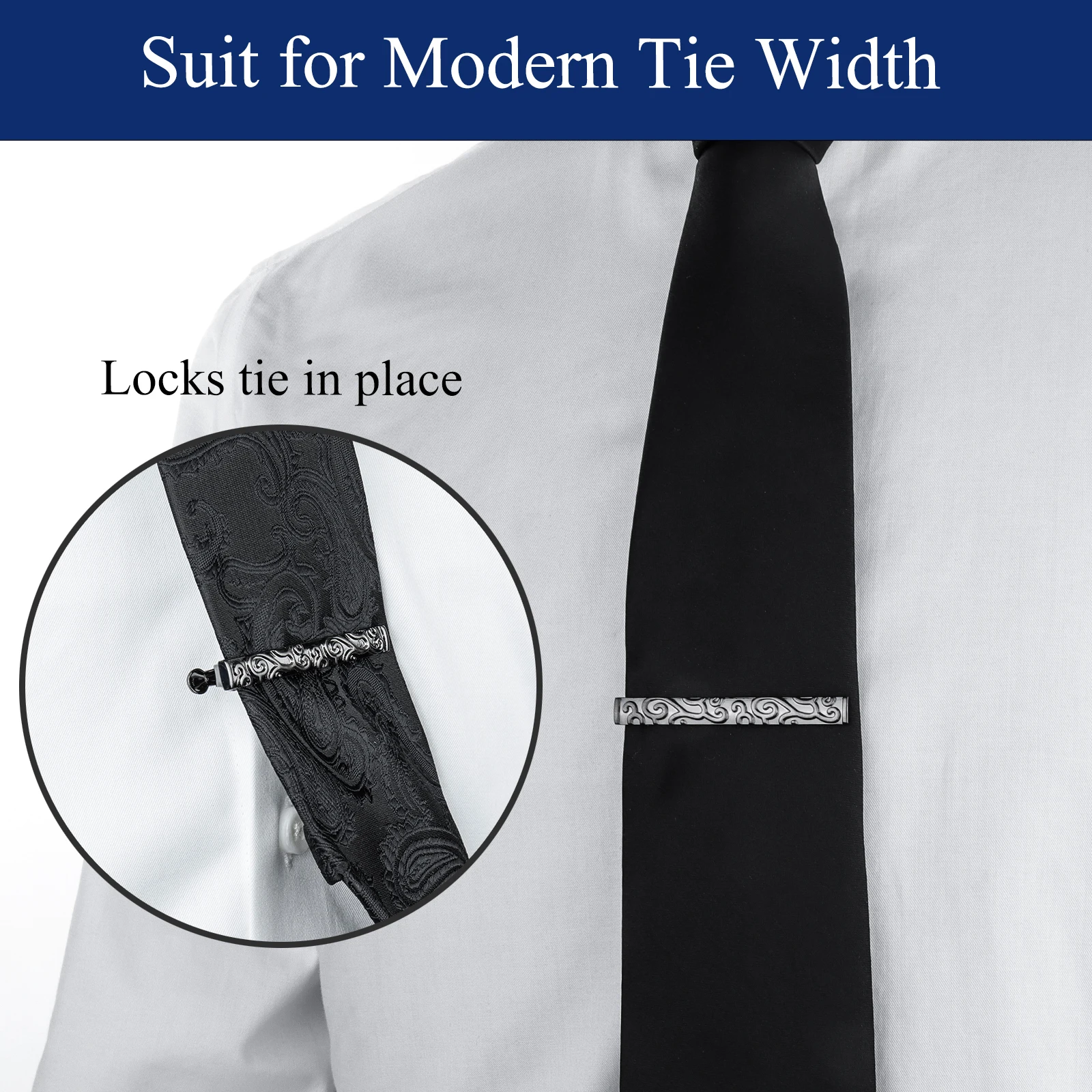 HAWSON Black vine Tie Clip 2.2 Inch Vintage Carved Tie Bar For Men Easy To Use Strong Durable Formal Shirt Accessories