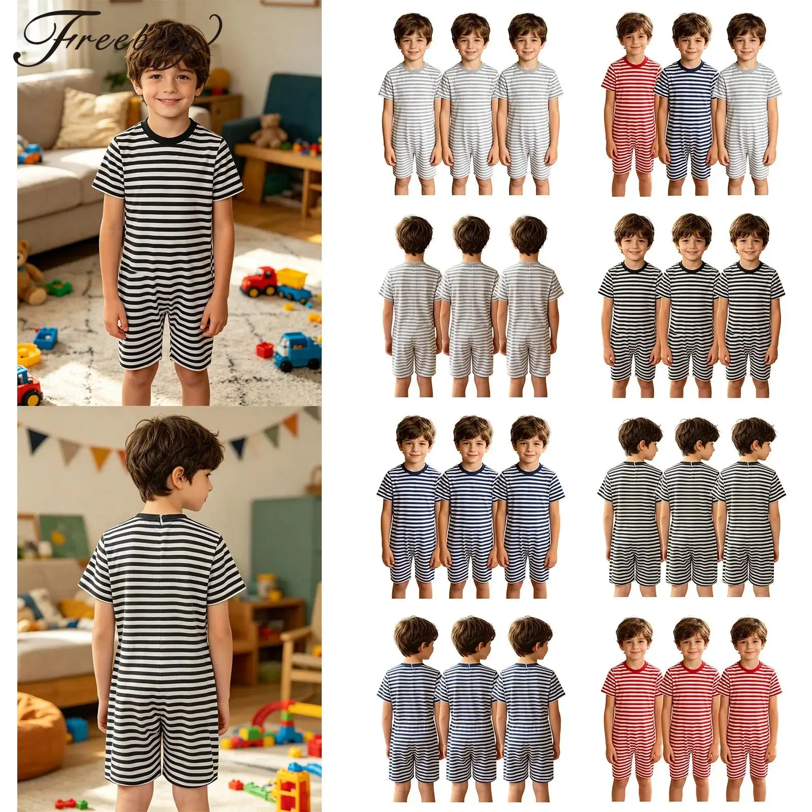 

3pcs Unisex Kids Special Needs Adaptive Rompers Short Sleeve Anti-strip Bodysuit Back Invisible Zipper Striped Jumpsuit
