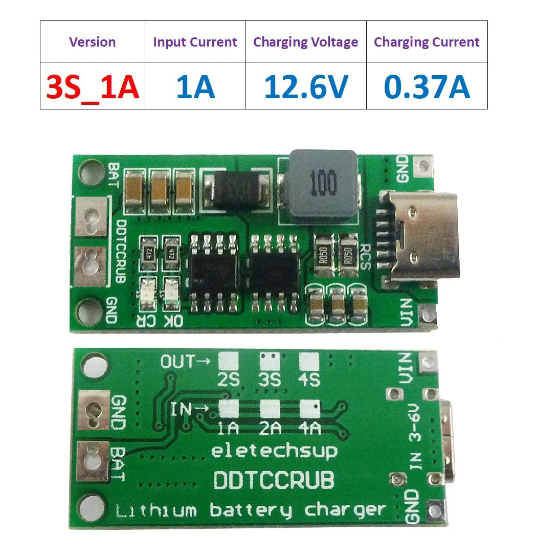 DDTCCRUB Lithium Battery Charging Board 1A/2A/4A 2/3/4 Cell Step Up Module Boost Converter Type-C Li-ion Battery Charger Board