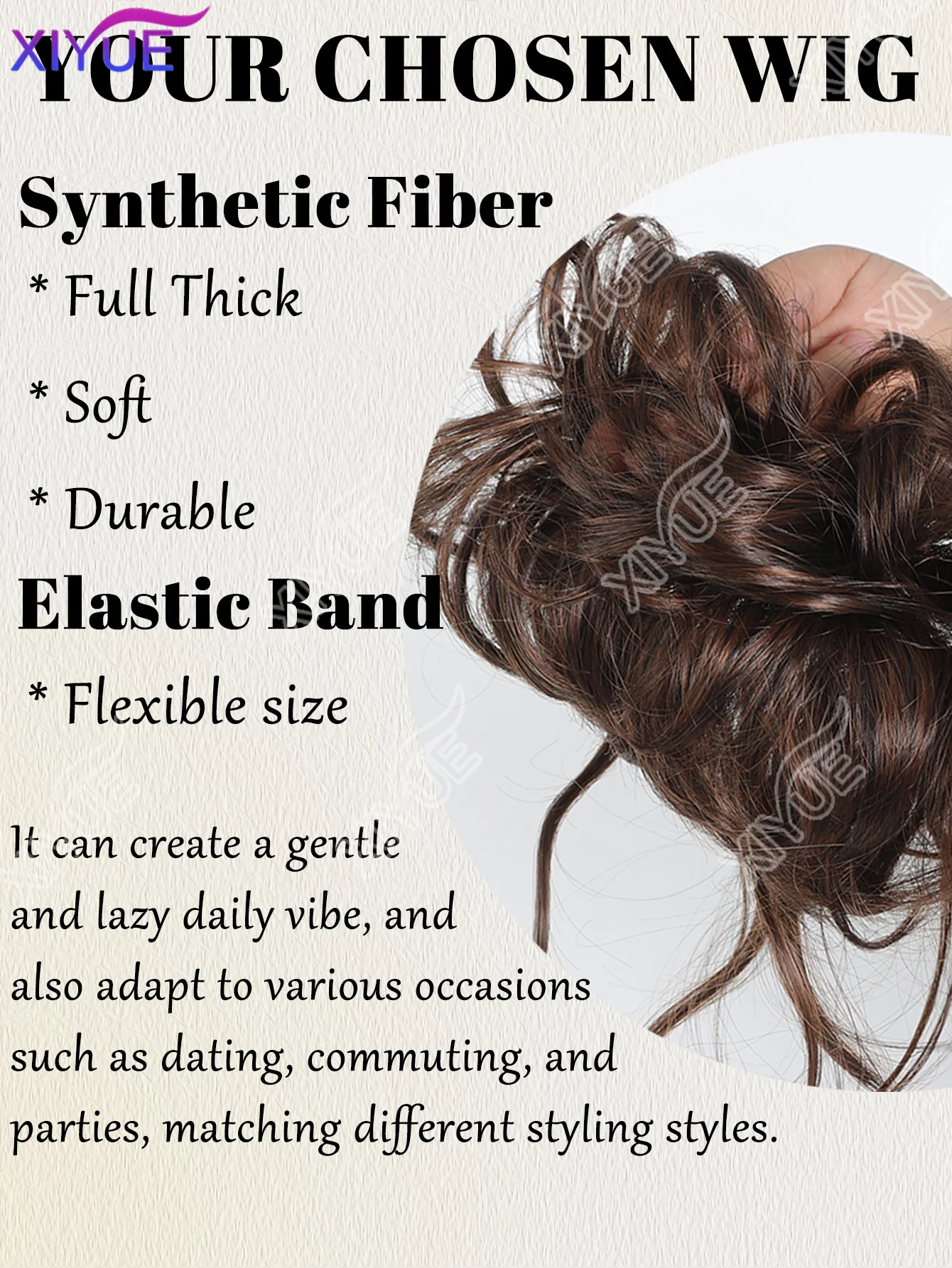 XIYUE Synthetic Elegant Messy Curly Elastic Rubber Band Hair Bun Fluffy Easy to Style Suitable for Daily Use