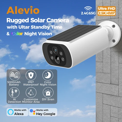 Imagen 1 del producto ALEVIO 2.5K Cámara Vigilancia Exterior Solar,Camera de inalámbrica,tiempo de espera ultra largo, luz inteligente PIR, visión nocturna a color, detección de IA, 2.4/5G Camera de batería impermeable