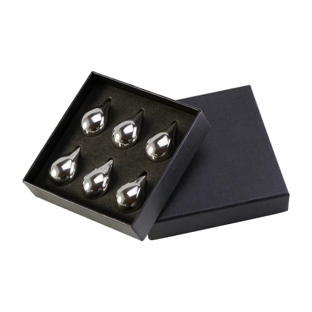 6PCS Water Drop Shape Chilling Stones Reusable Stainless Steel Ice Cubes Rocks for Whiskey Drinks Beer Juice (Silver)