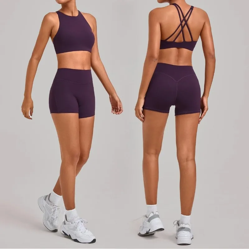 

Женский комплект для йоги телесного цвета, красивый бюстгальтер сзади, шорты, боди для бега, спортивный фитнес-набор, облегающий костюм с высокой талией и подтяжкой бедер