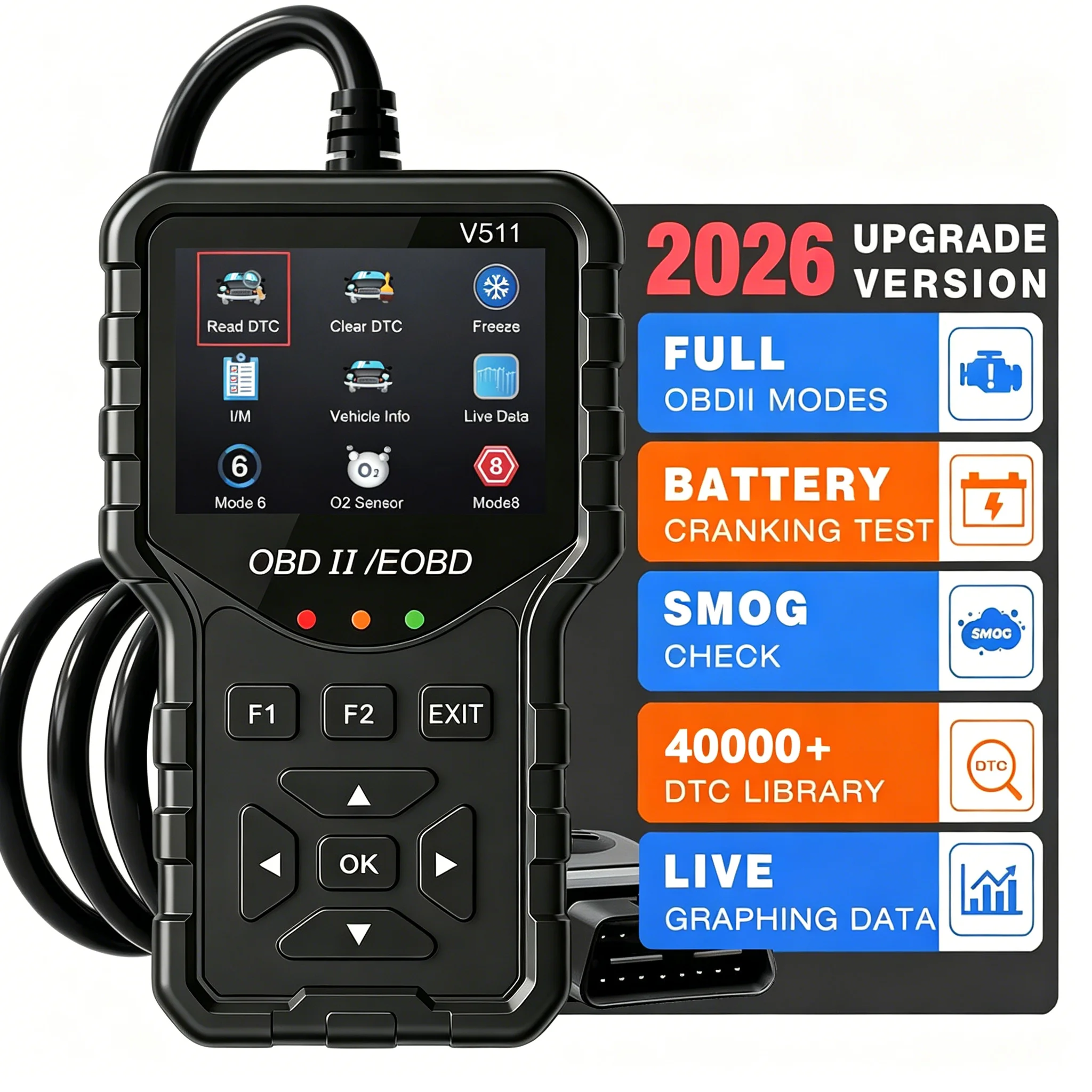 2025 New Model, Supports 8 Languages, Professional Obd2 Car Diagnostic Tool, Direct from the Manufacturer, V511 Professional Code Reader and Scan Tool, Clears Fault Codes, Real-Time Data Stream, Enhanced Engine Fault Code Reading and Reset Tool, Powerful, Modern Design, Durable Structure, No Battery Required