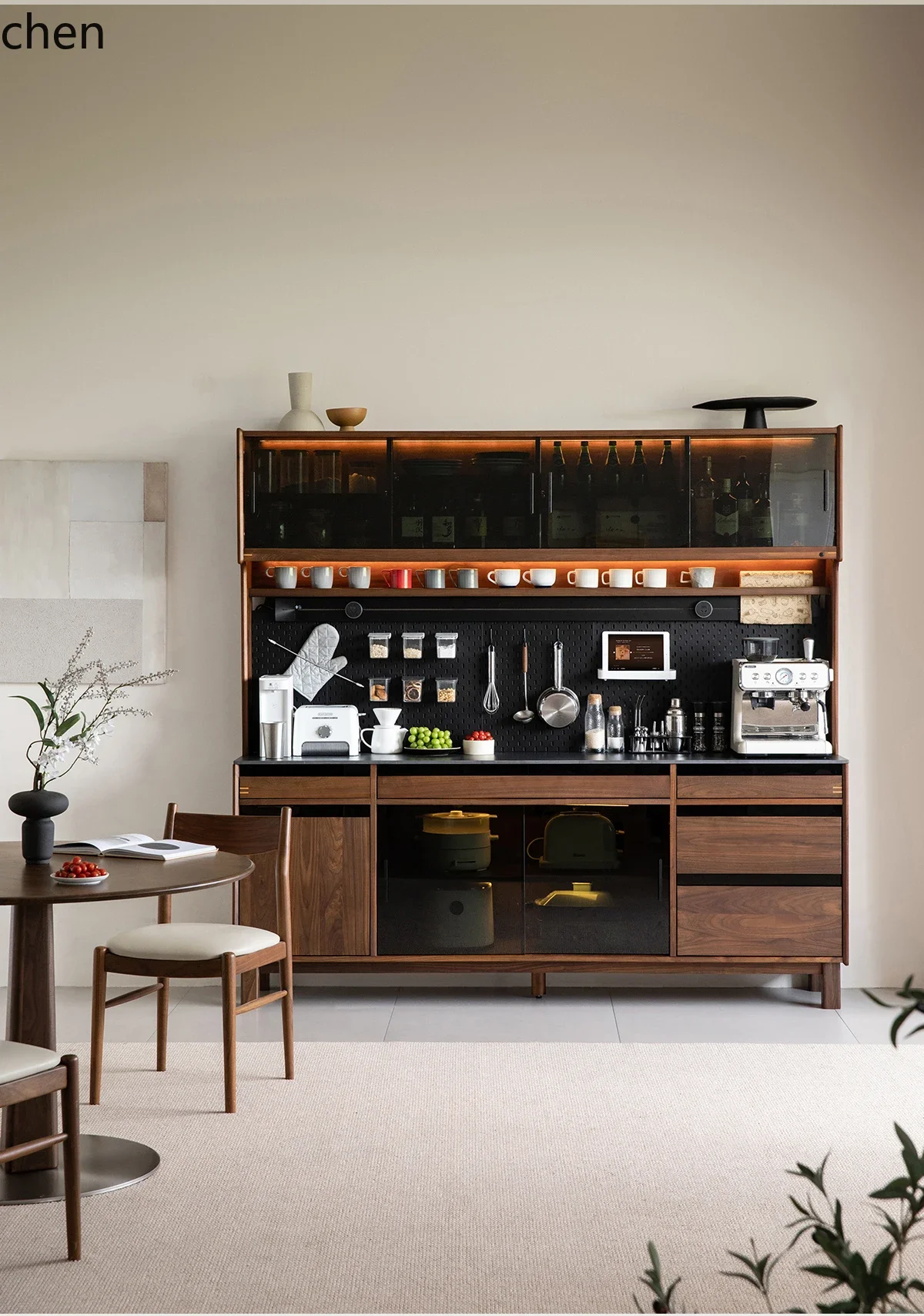 furniture solid wood dining integrated storage against the wall  walnut retro multi-functional living room storage cabinet