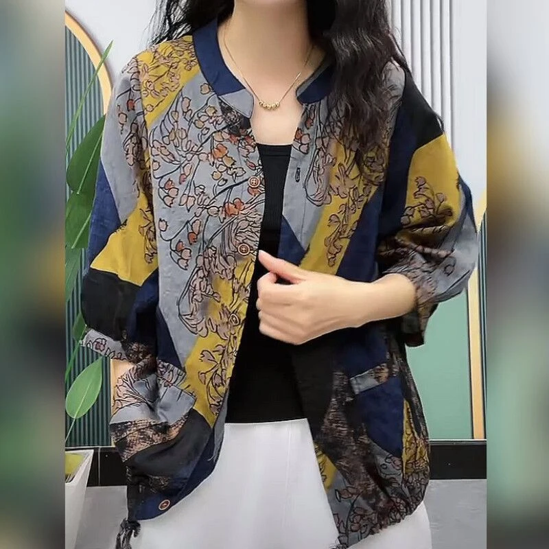 Summer New Round Neck Fashion Half Sleeve Shirt Women Cotton Hemp Vintage Printing Cardigan Pockets Button Drawstring Chic Tops