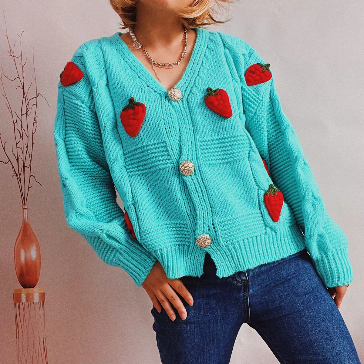 2024 Casual Loose Strawberry EmbroidEry Thick Fried Dough Twists Single Breasted Knitting Sweater Coat Cardigan Women