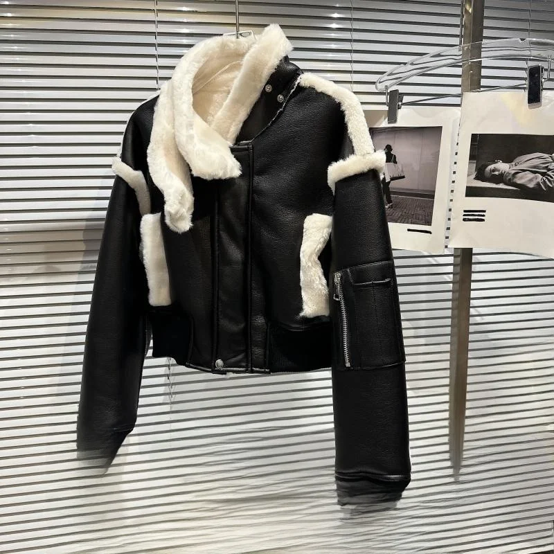 Thiened Plu Fur Collar Leather Jaet Unique Sle Winter New Arrival Women's Straight Cut Long Sve Zipper Coat