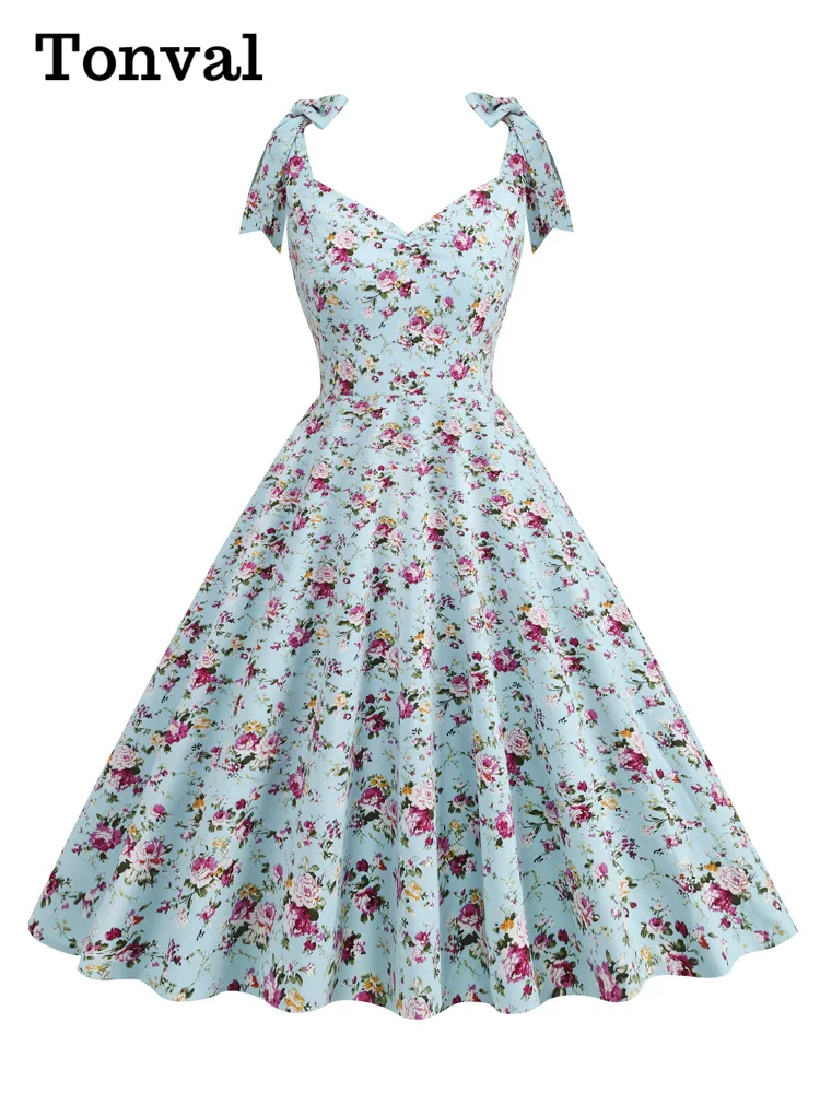 Tonval Knot Strap V-Neck Floral Cotton Women Vintage Dress Party Evening Elegant Luxury Celebrity Summer Ladies Dresses