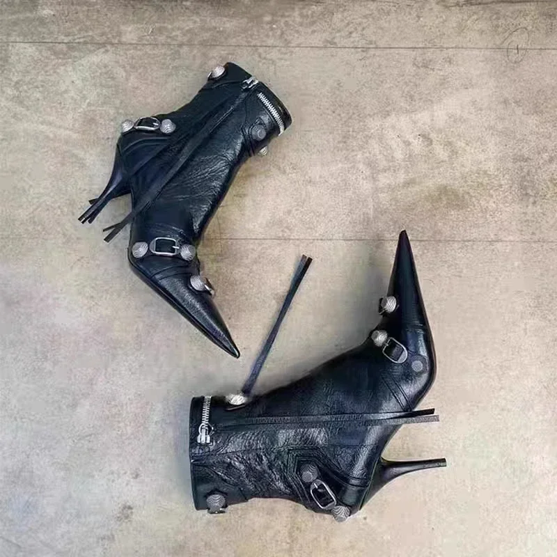 عالية رقيقة الكعب حذاء من الجلد للنساء ديكور معدني برشام مهدب البريدي Ppinted تو دراجة نارية سيدة الجوارب النساء الأحذية #5