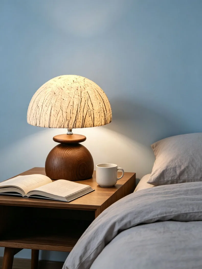Paper Lampshade Table Lamp Brown Wood Base E27 Bulb For Roon