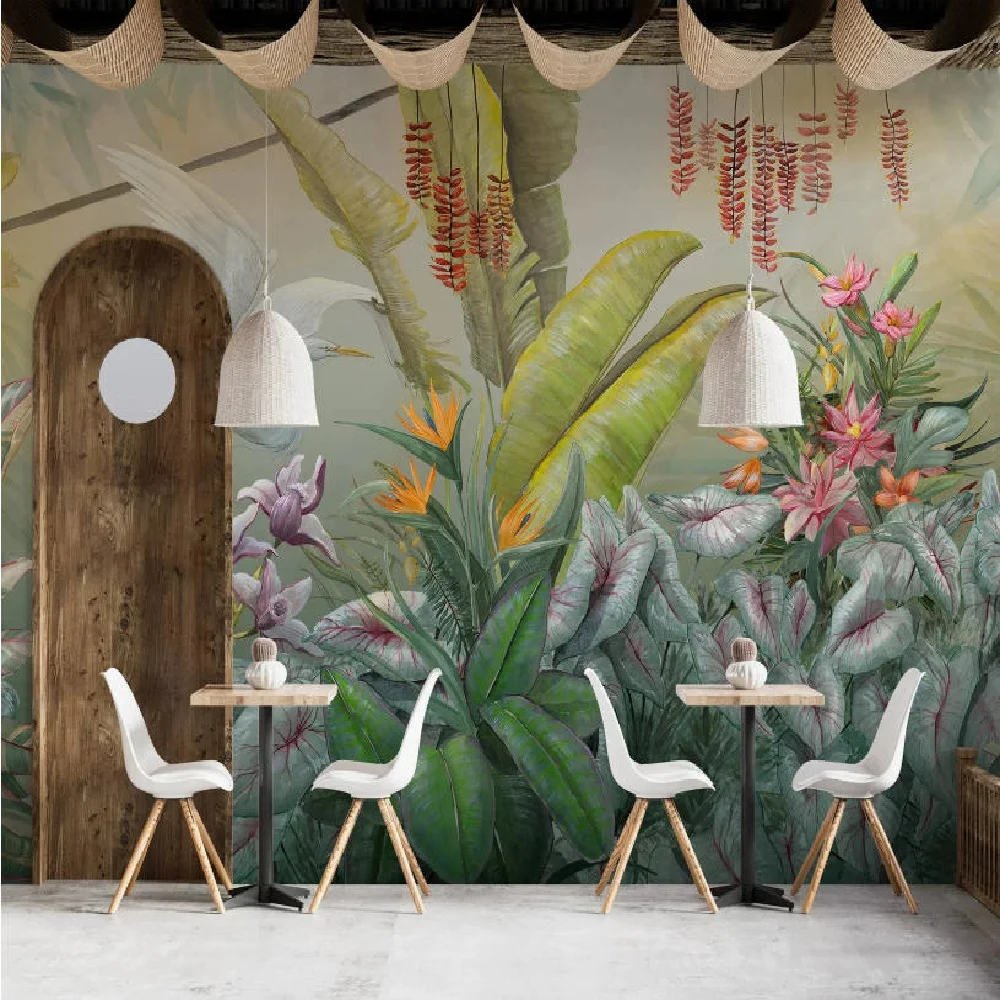 Customized wallpaper hand-painted Nordic hand-painted tropical rainforest bird entrance hotel bedroom background wall decoration