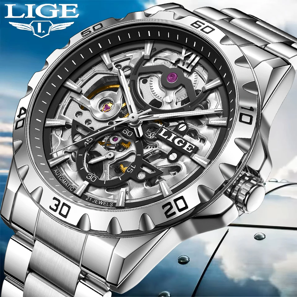 

LIGE автоматические часы для мужчин, модные полые водонепроницаемые светящиеся мужские механические наручные часы, спортивные мужские часы с турбийоном на открытом воздухе