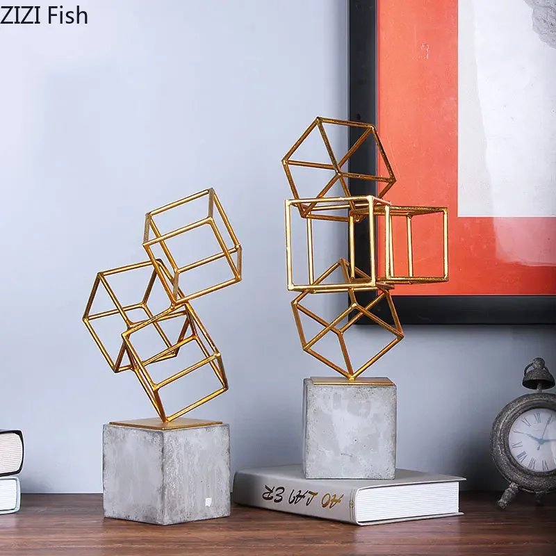 

Geometric Square Metal Statue Modern Design Living Room Furnishings Minimalism Golden Sculpture Desk Decoration Ornaments